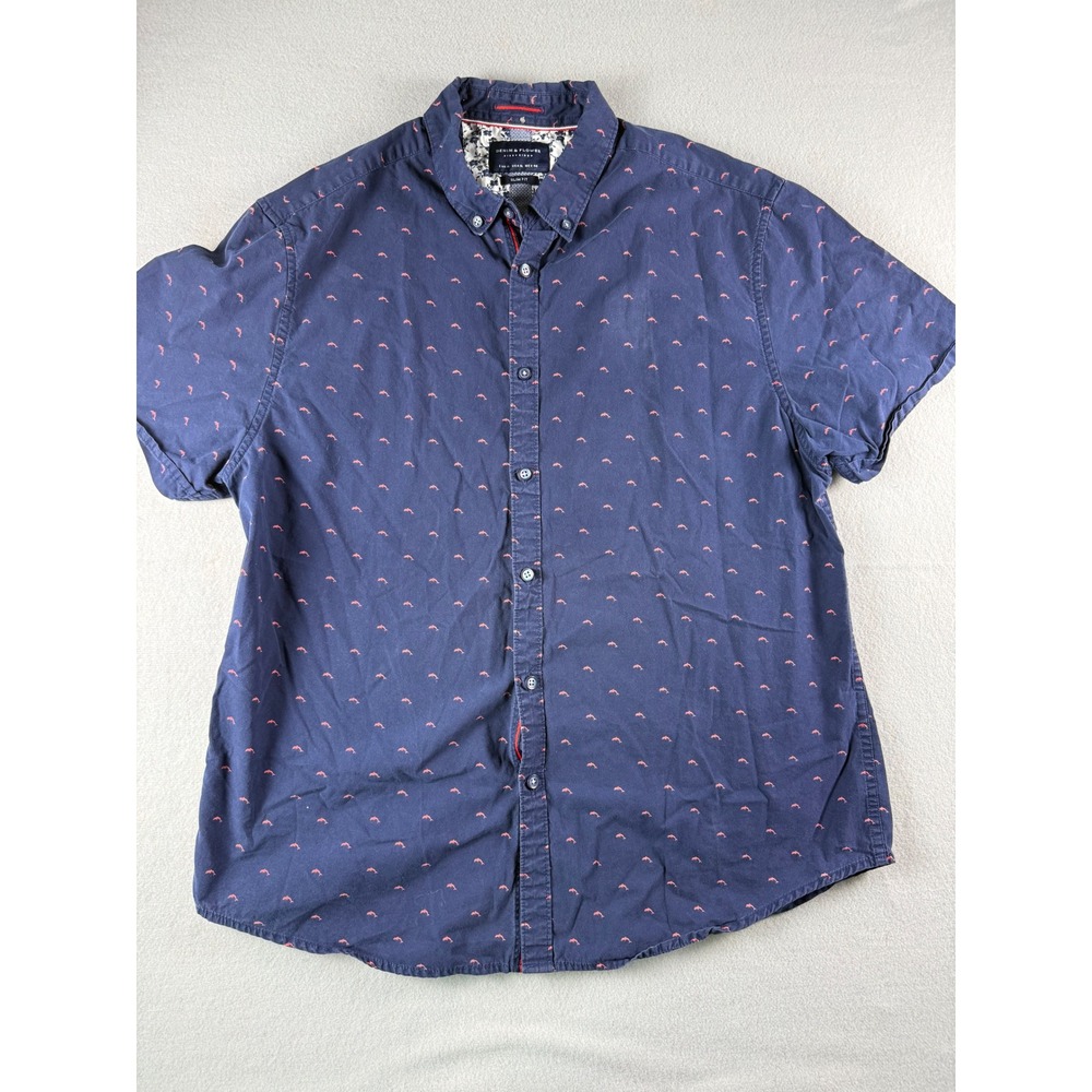Denim & Flower Ricky Singh Navy Pink Dolphin Print Slim Fit Shirt Mens XL